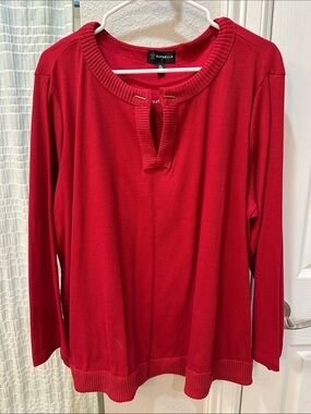 Rafaella Red Long-Sleeve Notch-Neck Knit Top
